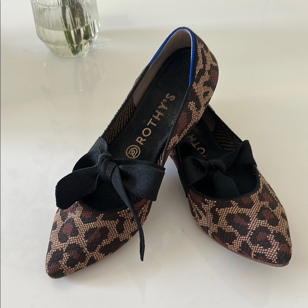 Rothy's Brown Leopard Print Flats with Black Bow